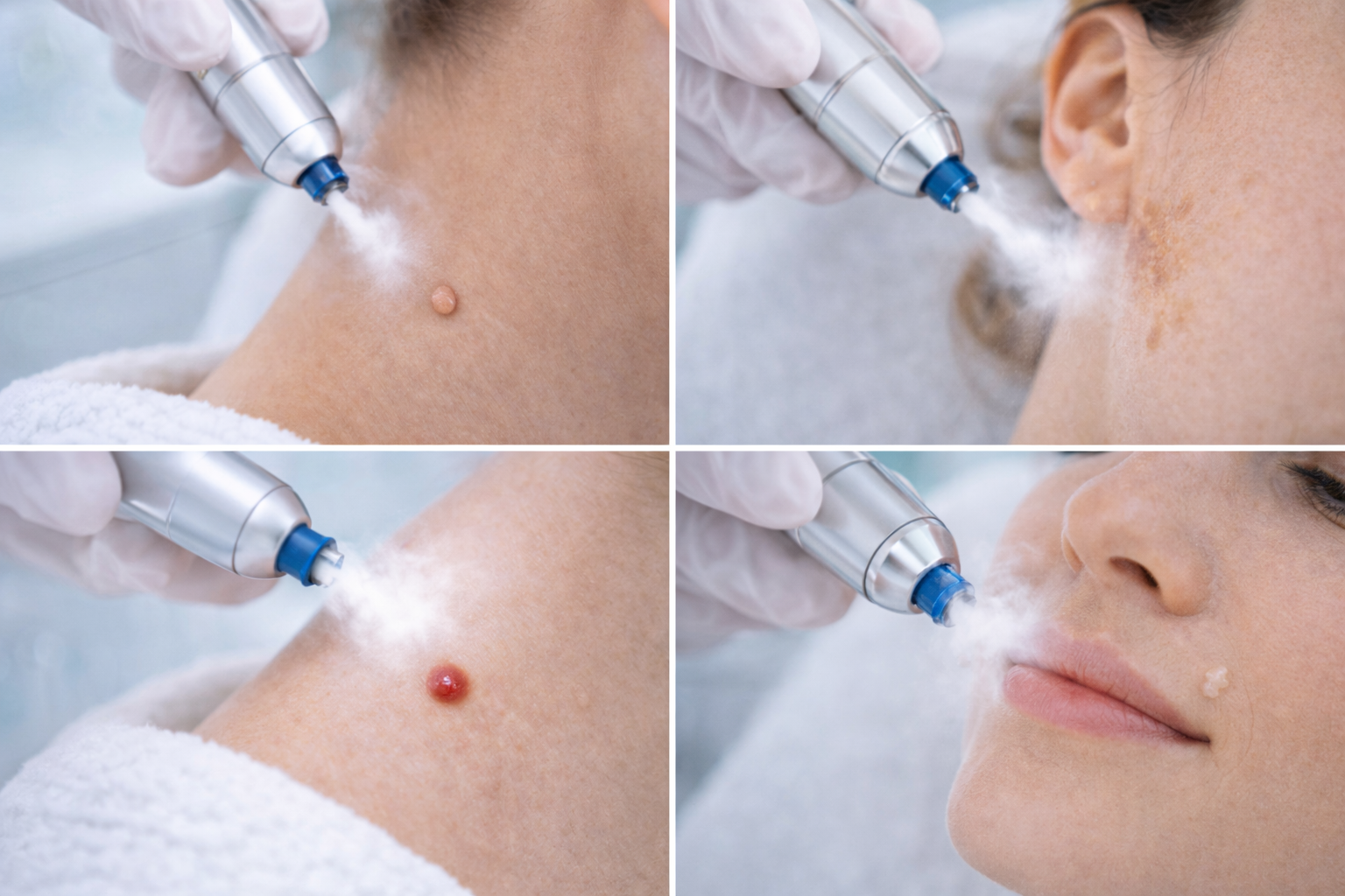 A medical professional wearing gloves and a mask, using a handheld device to treat a patient's skin.